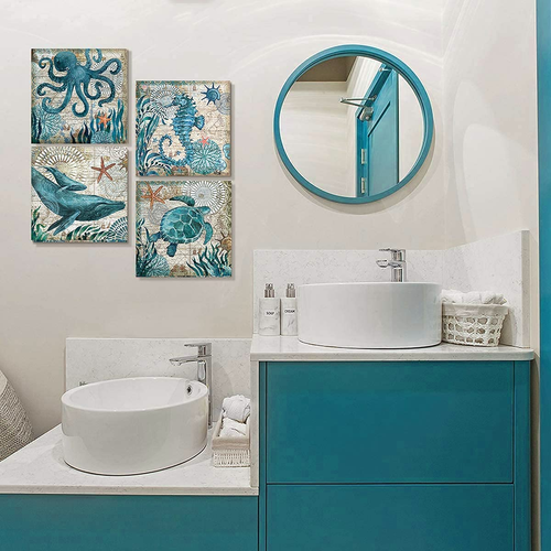 Bathroom Wall Art Beach Decor Ocean Sea Turtle Octopus Canvas Pictures Coastal - Picture 3 of 12