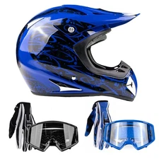 Adult Motocross Blue Helmet DOT Gloves Goggles Combo Off-road Dirt Bike ATV UTV 