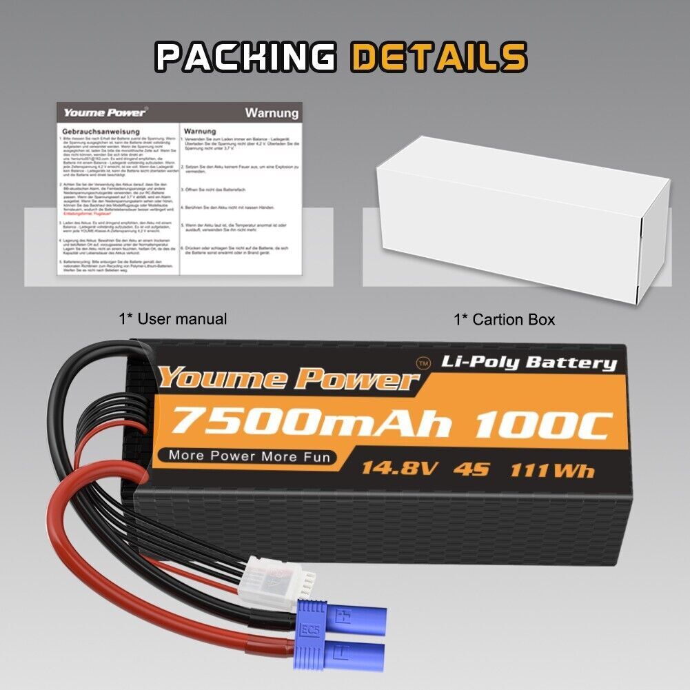 14.8V 4S 7500mAh EC5 LiPO Battery Hard Case for RC Car Truck Buggy Tank Boat