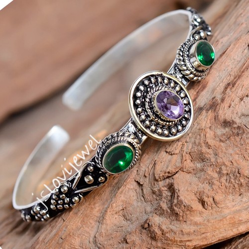 Bracelet Manchette En Argent 925 Avec Améthyste Et Topaze - Fait Main, Réglable, Pièce Unique
