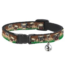 Cat Collar Breakaway with Bell Pug Puppies/Paw Prints Browns/Greens NARROW Fits