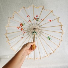 Vintage Traditional Chinese Oil-Paper Parasol Red Flowers Wood and Paper 31"