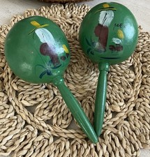 Hand Painted Mexican Gourd Green Maracas Shakers 8.5  X 4  