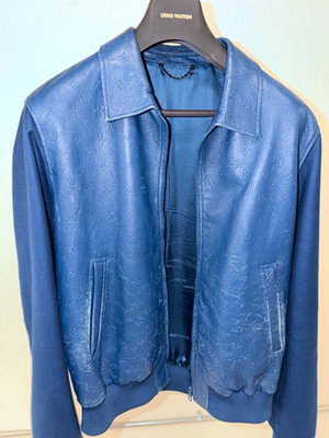 Louis Vuitton Men's Blue Monogram Embossed Leather Bomber Full Zip Size 50