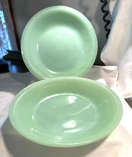 Jadite Fire King Jane Ray Flat Soups Pair Very Good Condition Vintage Original