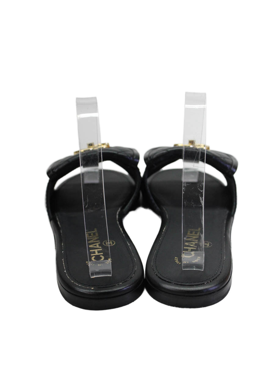 Chanel Womens Quilted Leather CC Turnlock Slide Sandals Black Size 37.5 thumbnail 3