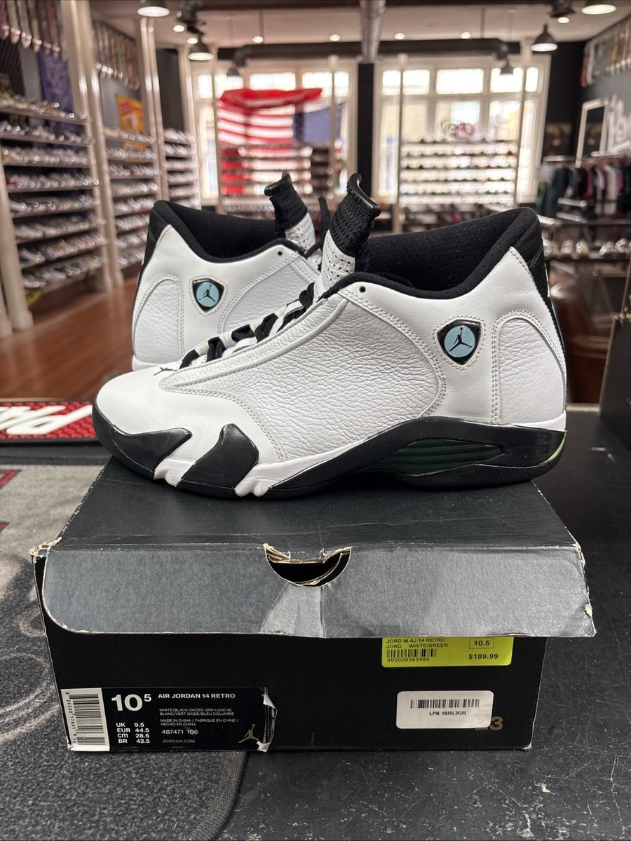 White Jordan 14 Green And Black Shoe Jordan 14 Oxidized Green On