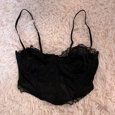 Black Lace Longline Bustier Corset Top Underwire Boned Bralette Hook Eye