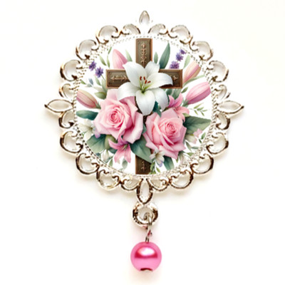 Easter Cross With Flowers Brooch/Pin Silver Gold Rose Gold Tone