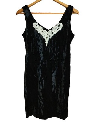 Vintage 90s Black Velvet Mini Dress Beaded Embellished Sleeveless Size 9 Event