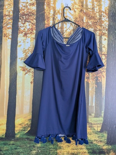 NEW Cabana Life Embroidered Dress Off The Shoulder Navy Blue Smocked M SPF 50 - Picture 7 of 14