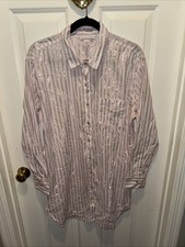 VICTORIA'S SECRET LONG BUTTON DOWN NIGHT SHIRT Pink Metallic w/White Stripe Sz L