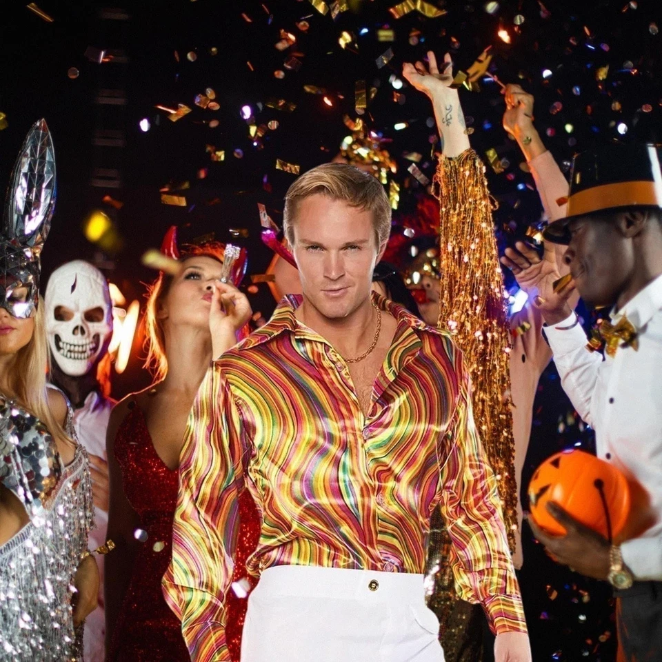 Underwraps Hombre Retro Disco Disfraz Camisa-Multicolor Remolinos, Naranja, X-Grande Foto 3 de 4