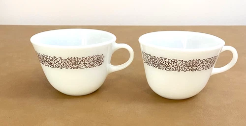 Vintage PYREX WOODLAND BROWN Milk Glass Coffee/Tea Cups-SET OF 2 EUC