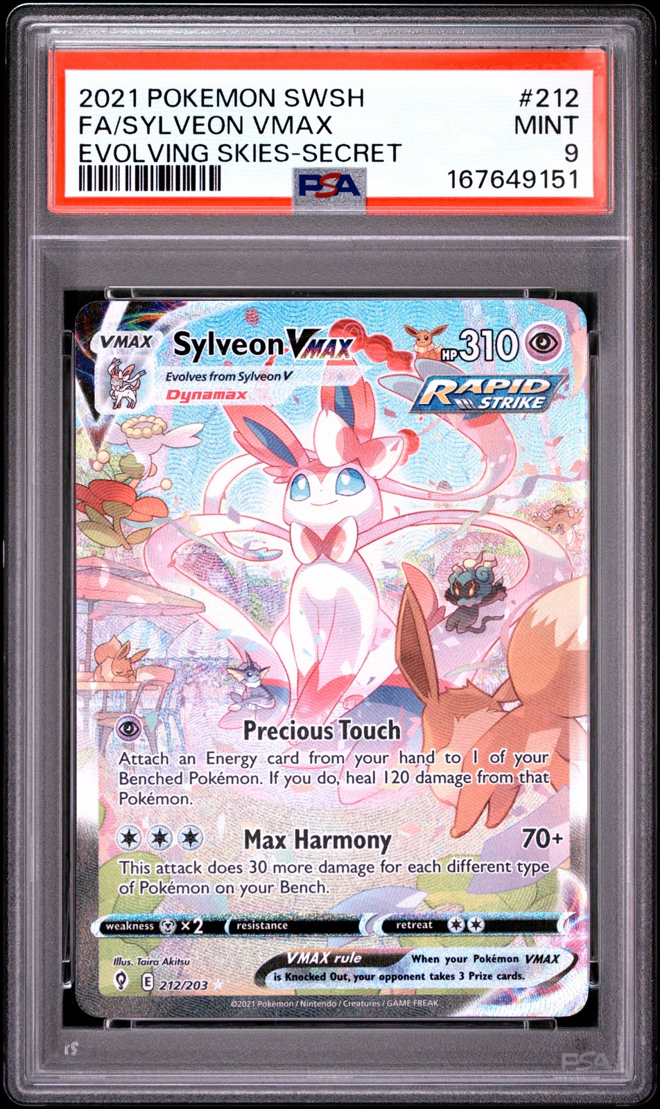 2021 SYLVEON VMAX 212/203 SECRET EVOLVING SKIES POKEMON PSA 9