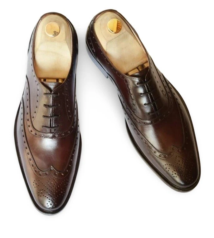 Handmade Brown Genuine Leather Oxford Lace Up Wingtip Dress Office Shoes For Men