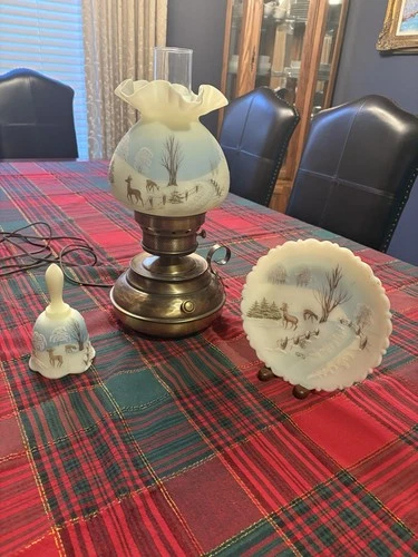 Fenton 1979 Natures Christmas Hand painted Signed Set.  Lamp, plate and bell