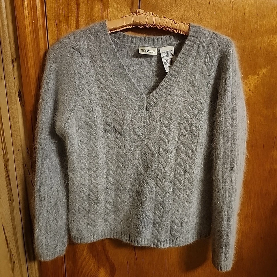 Suéter Pullover Tejido con Cable Lana de Cordero Angora De Colección Blanco Ciervo Gris Para Mujer Foto 2 de 4