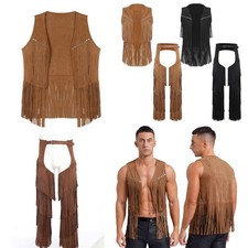 US Men's Western Cowboy Costume Set Faux Leather Western Chaps With Fringes Vest