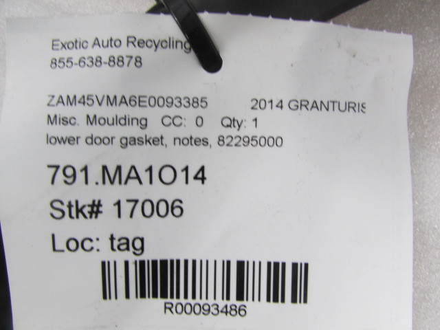 Maserati Granturismo, Lower Door Gasket, Used, P/N 82295000