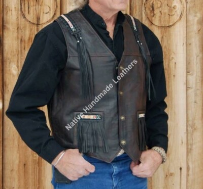 Men Western Cowboy Black Leather Handmade Beaded Vest Fringes Bison Snap 