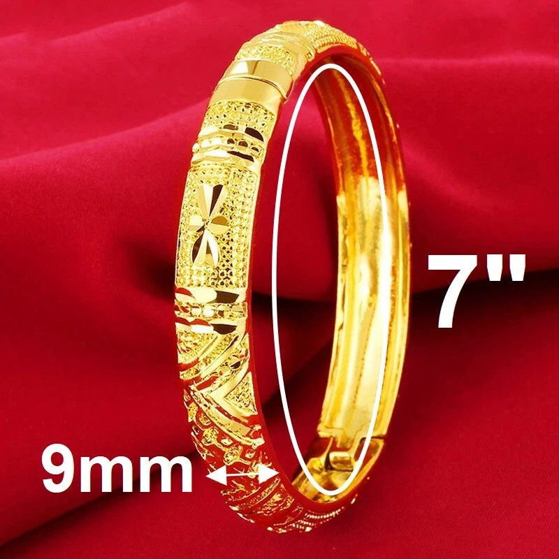 Brazalete ancho relleno de oro amarillo de 24 k con apertura para mujer de 7" corte italiano D808 Foto 3 de 4