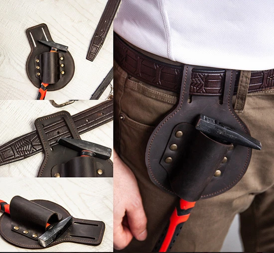 Men waist Bag belt hatchet Hammer axe tool holder case Cow Leather coffee Q8 - Image 2 of 4