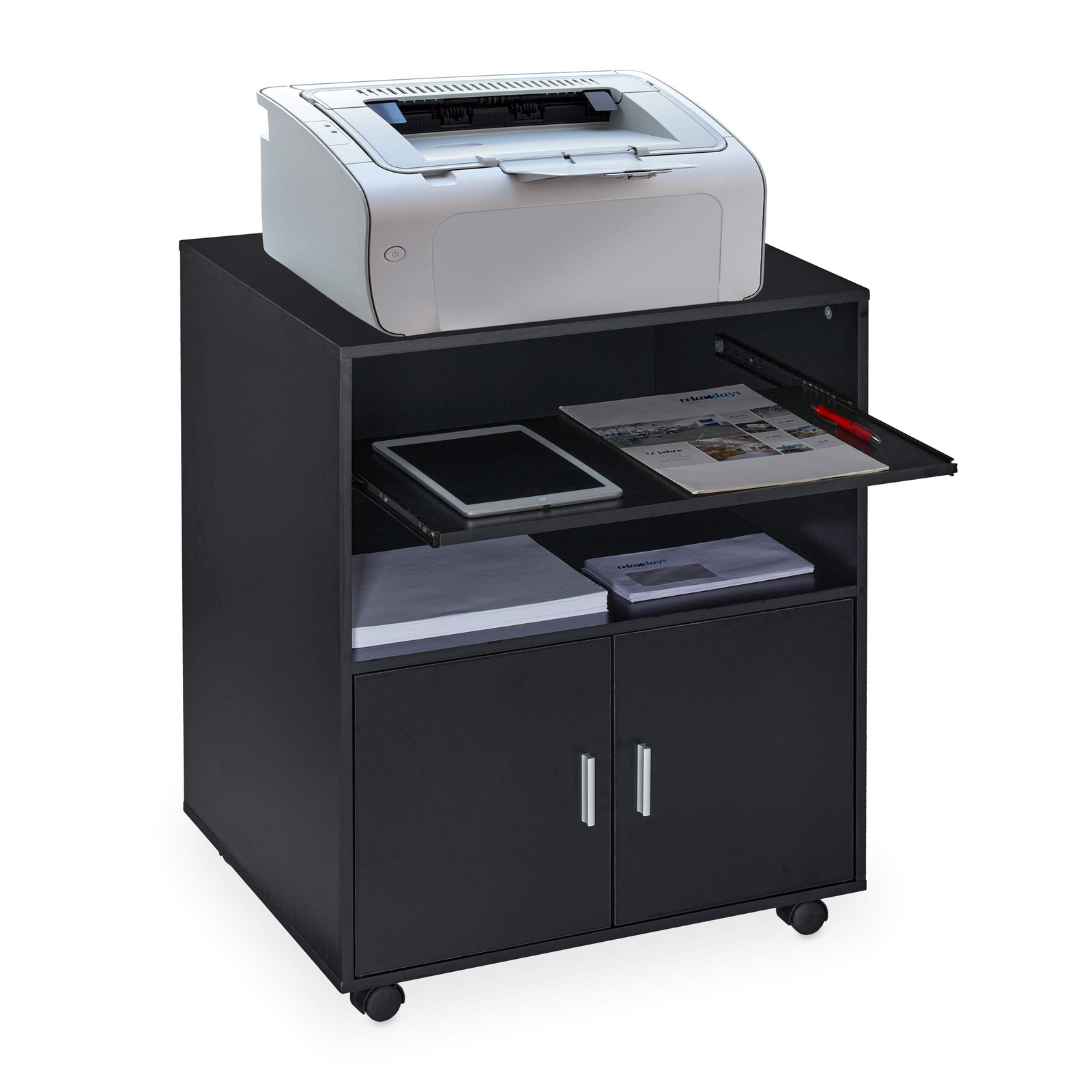 Relaxdays Carrello Stampante da Ufficio, Tavolino a 2 Ripiani e Porta Tastiera,