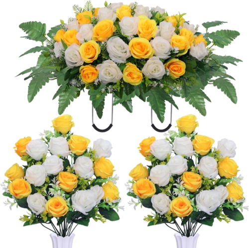 Artificial Cemetery Flower Saddles, Cemetery Memorial Flowers with Vase for Grav