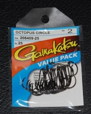 25 Pack Gamakatsu 208409-25 Octopus Circle Hooks Offset-point NS Black Size 2