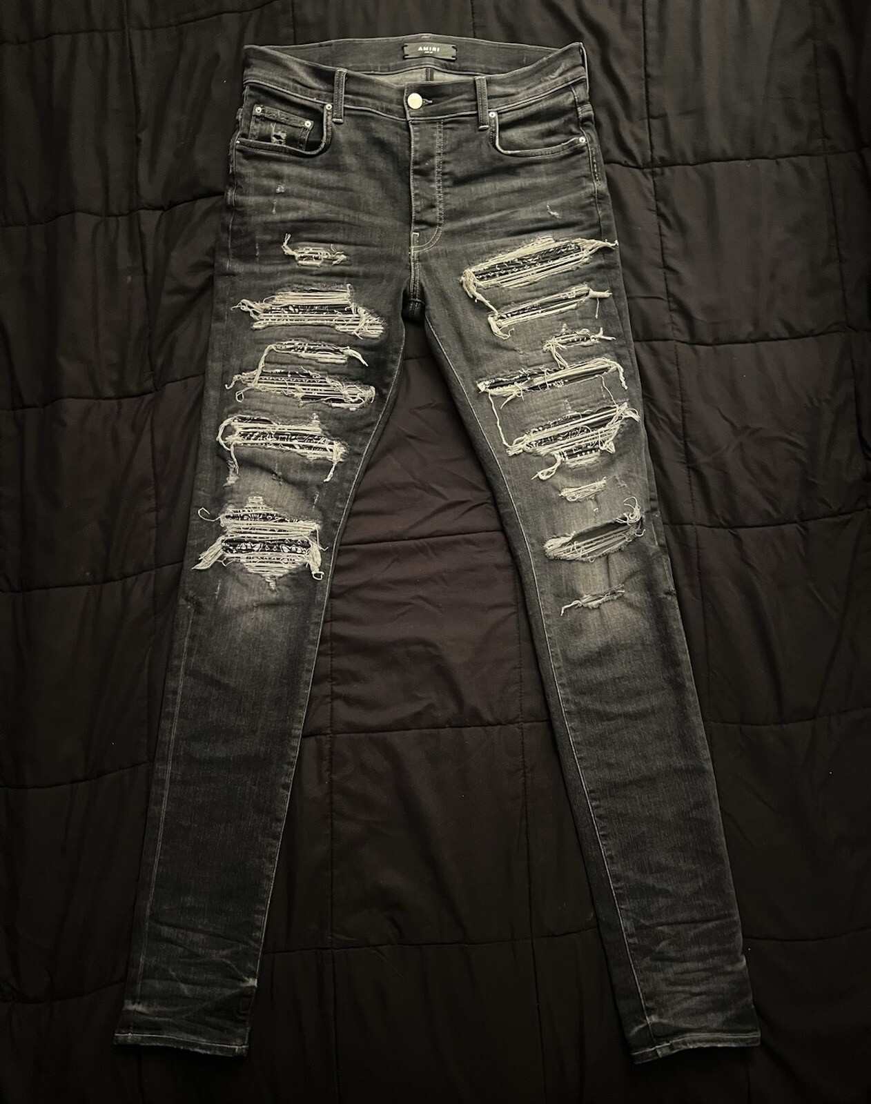 AMIRI Black Bandana Thrasher Distressed Jeans Size 32 - Gem