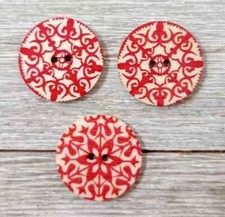 boho wood flowers buttons sewing 2 holes 1 inch red (set #1107) 3pc new