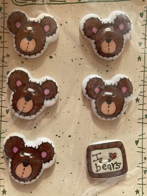 VTG Trena's Trinkets Ceramic Buttons Bears Teddy Bear Heads I Love Bears 2 Hole