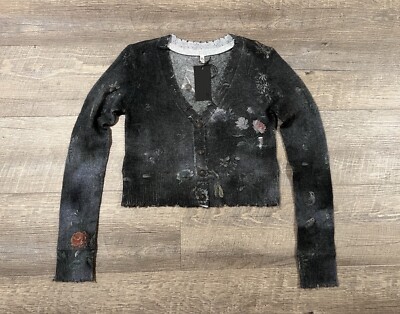 R13 Size XS Baby Cardigan 100% Cashmere in Black Floral - NEW