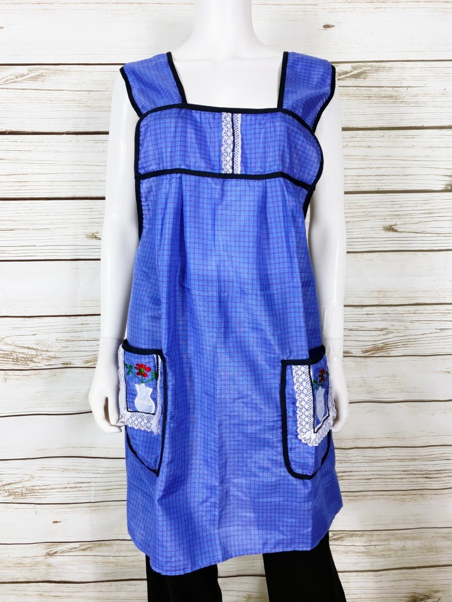 blue plaid apron dress Grey, Black, & Blue Plaid Wool Pinafore Apron w/ Patch Pockets