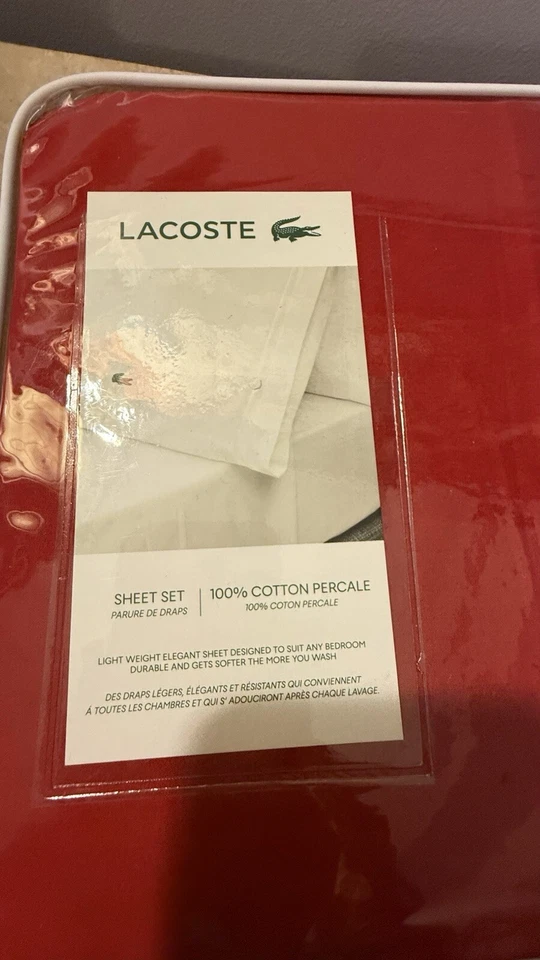 Auténtico juego de sábanas Lacoste Luxury Queen 4 piezas sellado logotipo icónico rojo Navidad Foto 2 de 4