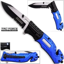 TAC-FORCE POLICE Spring Assisted Blue Open LED Tactical Rescue Pocket Knife
