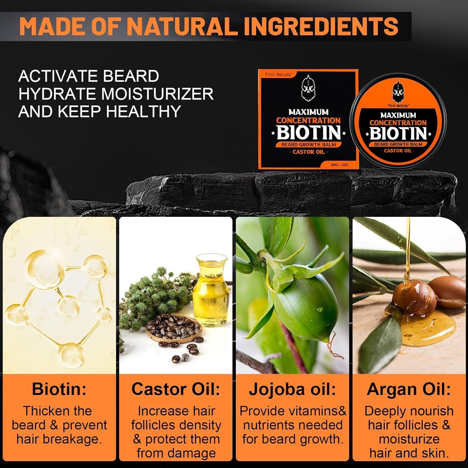 Beard Balm - Max Strength Biotin with Castor, Argan, Jojoba - Vanilla Scented