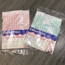 Fisher Price Secure Me Blankie Set Of 2 Checkered Baby Blanket Lovey Satin Vtg