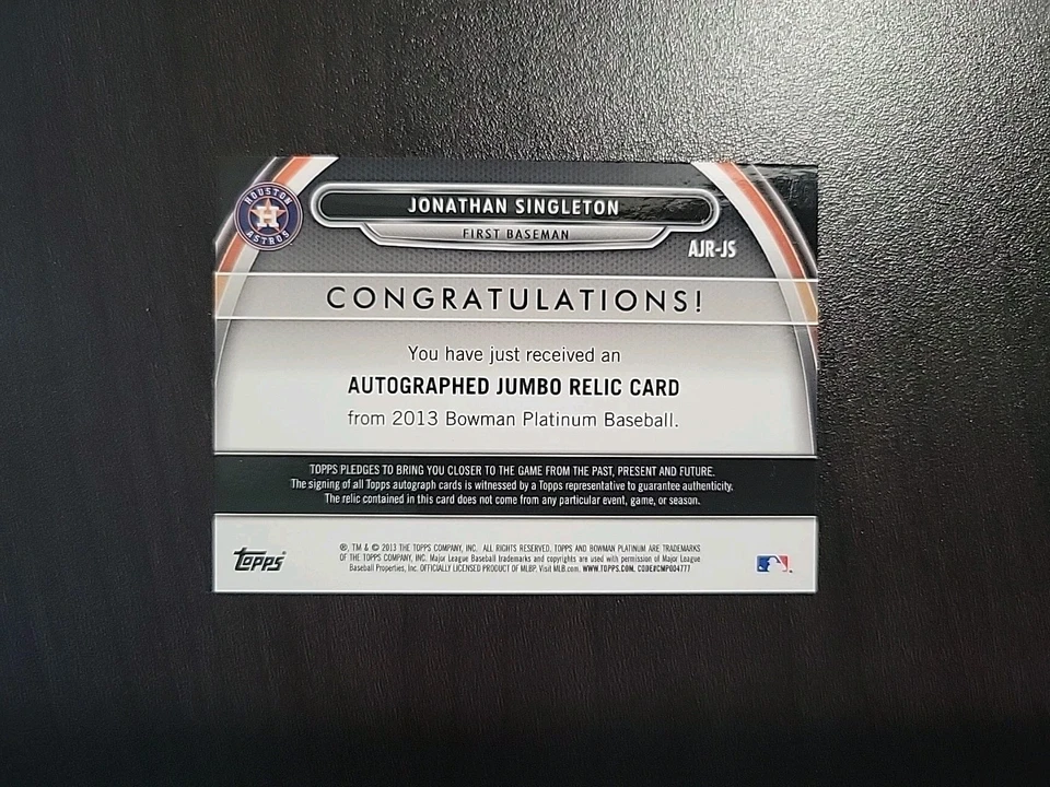 2013 Bowman Platina Auto Jumbo Relíquia Jonathan Singelton /199 - Imagem 2 de 2