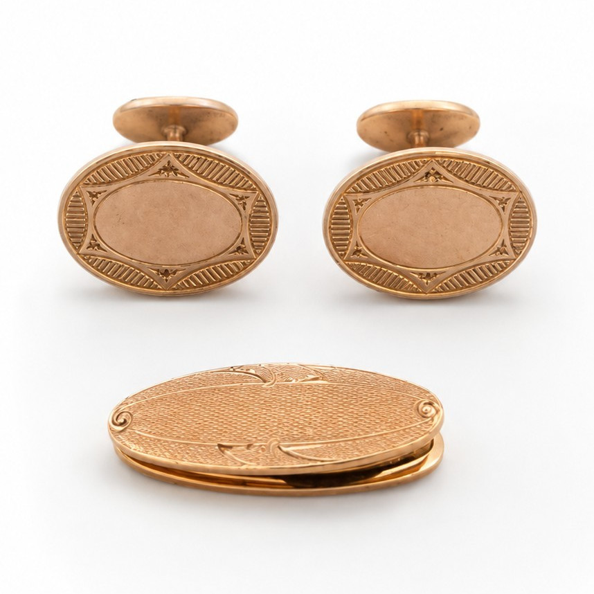 Krementz was THE American fine jewelry brand of the early 20th century — a matched 14K gold-plated cufflink and tie bar set is old-school elegance you just can't fake.