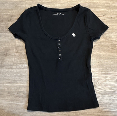 Abercrombie & Fitch T-Shirt Schwarz Ripp Kurzarm V-Ausschnitt Logo S