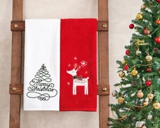 American Soft Linen Christmas Bath Towels Bathroom Set, 2 Packed Embroidered