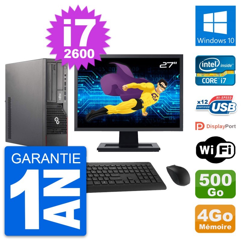 PC Fujitsu E700 DT Ecran 27" Intel i7-2600 RAM 4Go Disque 500Go Windows 10 Wifi