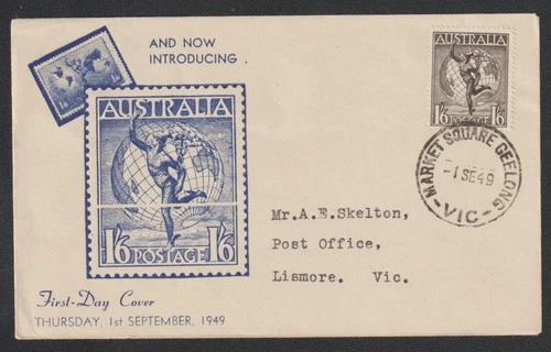 Australia 1949 FDC First Day Cover 1/6 Hermes MARKET SQUARE GEELONG VIC Postmark