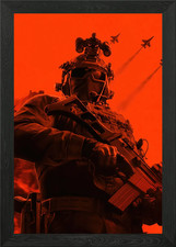 Military Soldier with Rifle and Jet Framed Wall Art Poster Canvas Print Picture