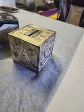 Vintage Silver Plated Coin Piggy Bank ABCD Block Animals Letters 3x3 Inches