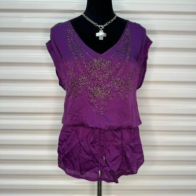 Y2K BEBE 100% Silk Purple Beaded Boho Oversized Blouse Size XS