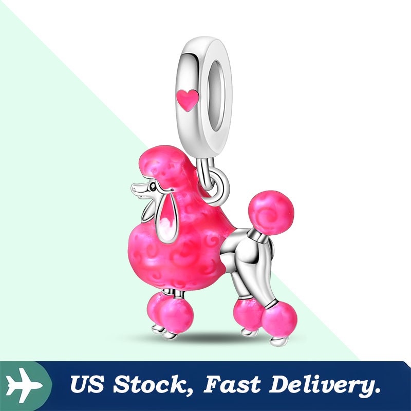 KUNSIR Sterling Silver Pink Proud Poodle Pendant Charm For European Bracelet DIY
