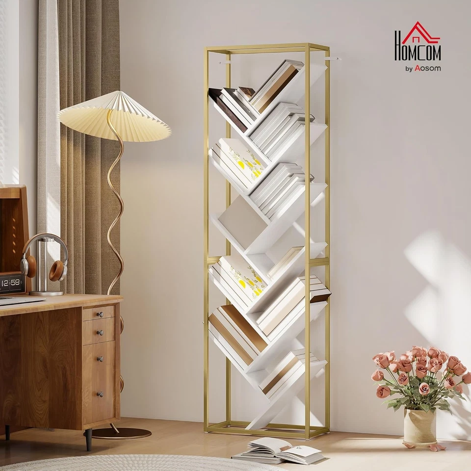 10-Tier Tree Bookshelf Modern White & Gold Tall Display Storage Unit for Home - Image 2 of 4